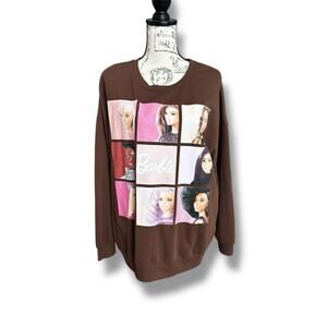 Barbie Hybrid Apparel Panel Squares Cozy Graphic Lightweight Brown Crewneck 2X